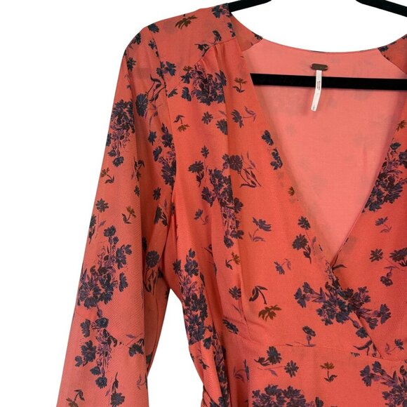 Free People Bohemian Coral Floral Faux Wrap Dress With Bell Sleeves Size L - Picture 6 of 10